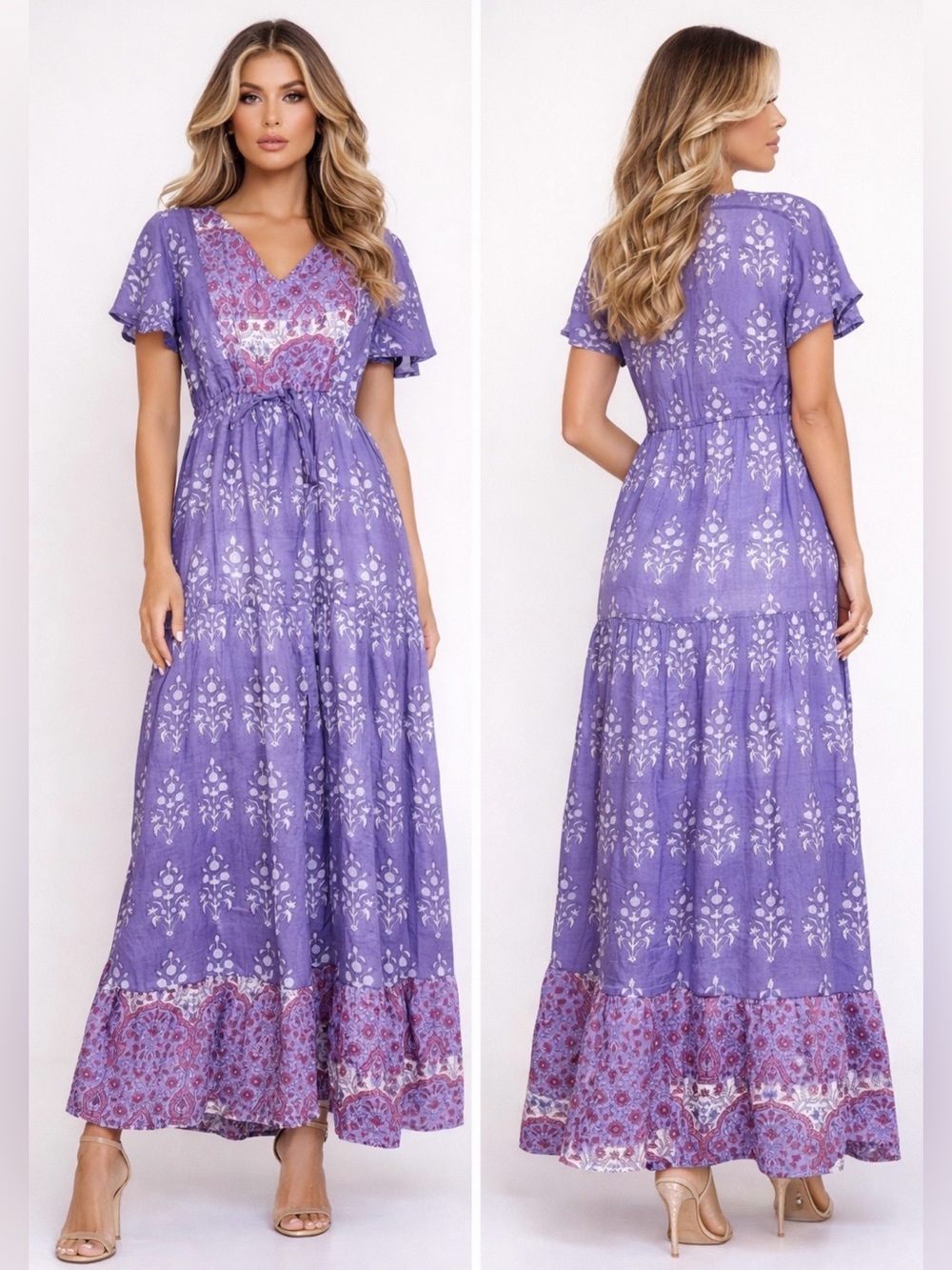 NWT Clara The Label Boho Maxi Dress S Blue Purple Cottagecore Coastal Bohemian